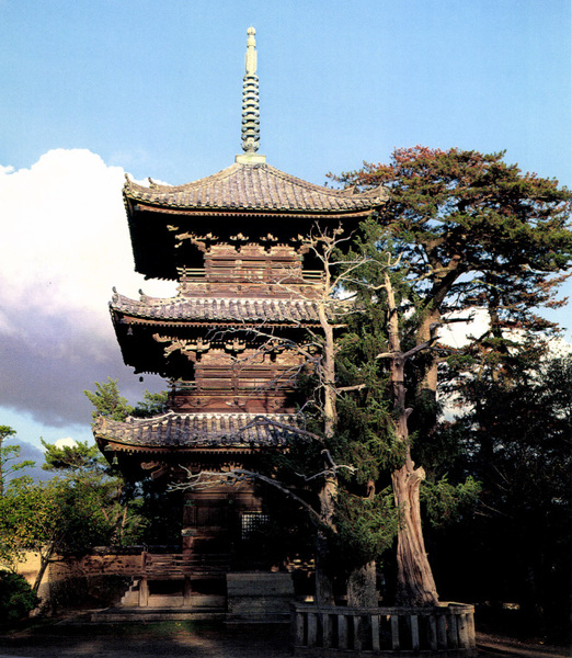 道成寺の三重の塔と、蛇榁じゃむろの木：手前（日本の伝説 南紀，世界文化社）より